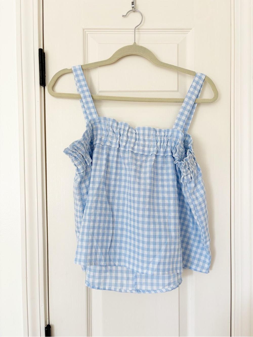 M • Light Blue Gingham Women's Square Neck Tank Top ruffle trim